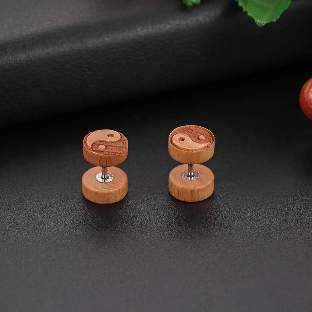 Aretes de botón de madera Yin Yang beige