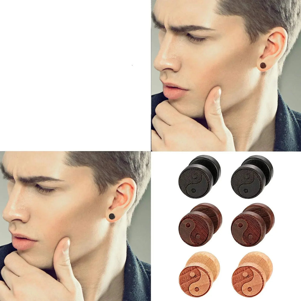 Aretes de botón de madera Yin Yang para hombre