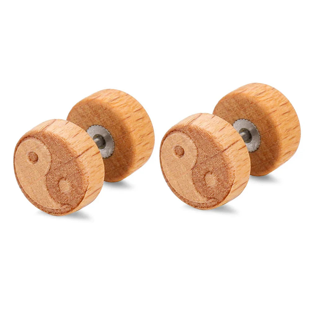 Aretes de botón de madera Yin Yang beige