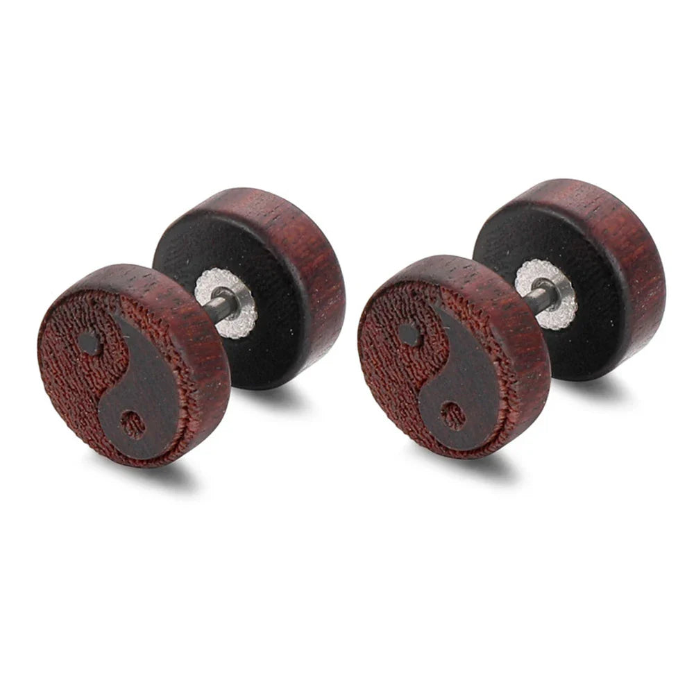 Aretes de botón de madera Yin Yang marrón