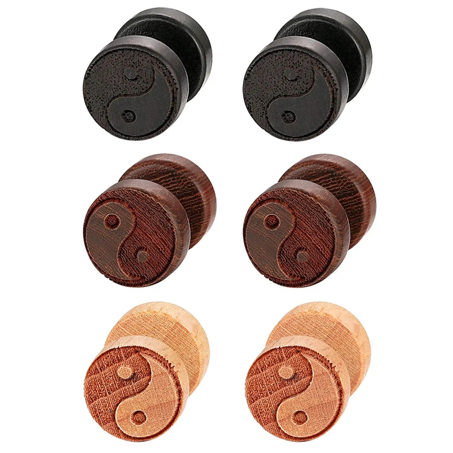 Aretes de botón de madera Yin Yang negro