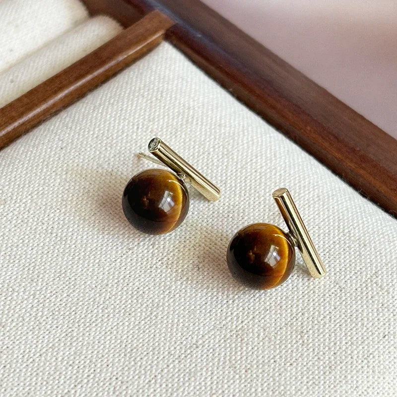 Aretes de botón para mujer con Ojo de Tigre