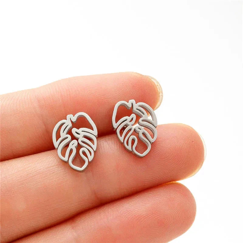 Aretes de botón Hoja de Palma plata