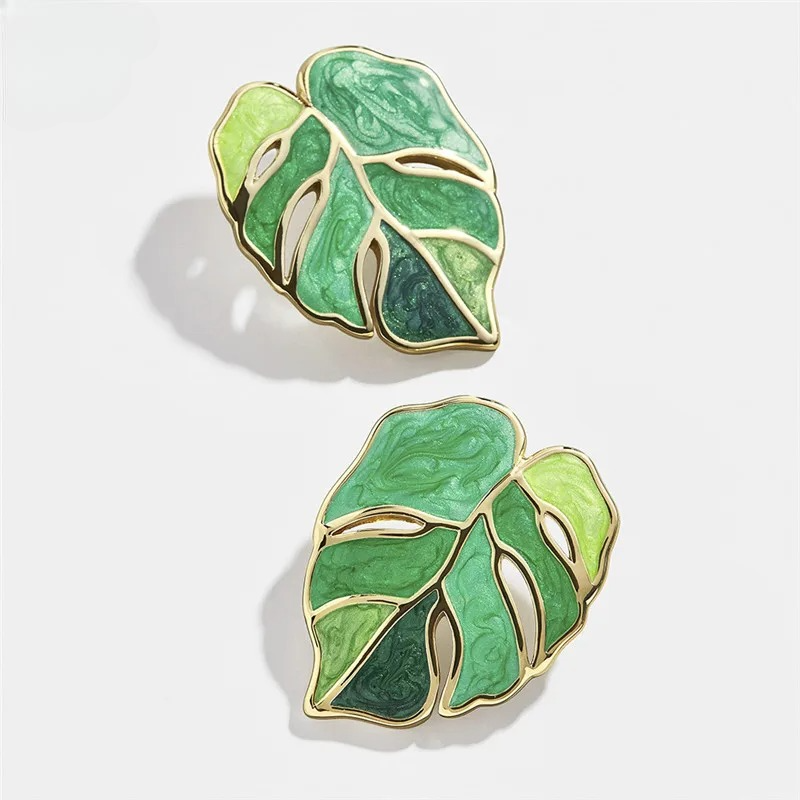 Aretes de Botón Hoja de Palma verde