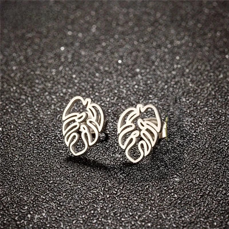 Aretes de botón Hoja de Palma plata