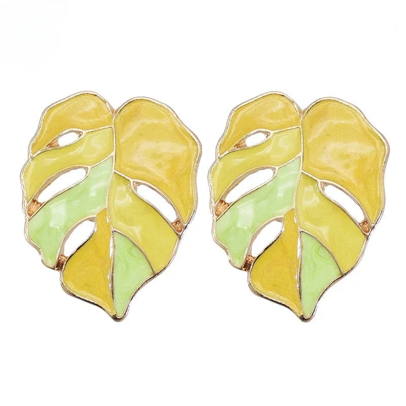 Aretes de Botón Hoja de Palma amarilla