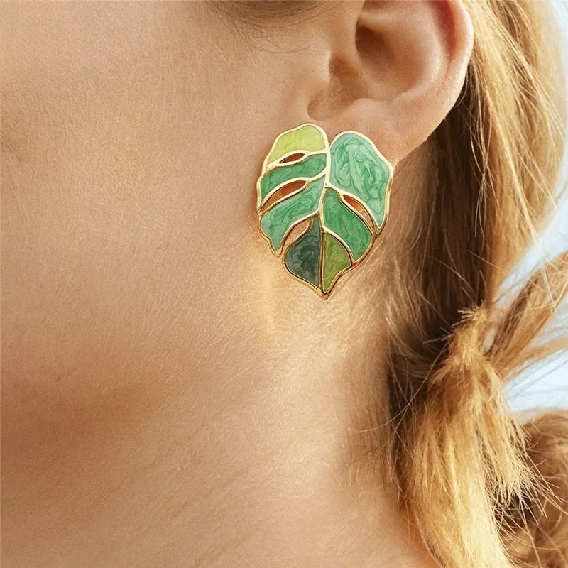 Aretes de Botón Hoja de Palma verde