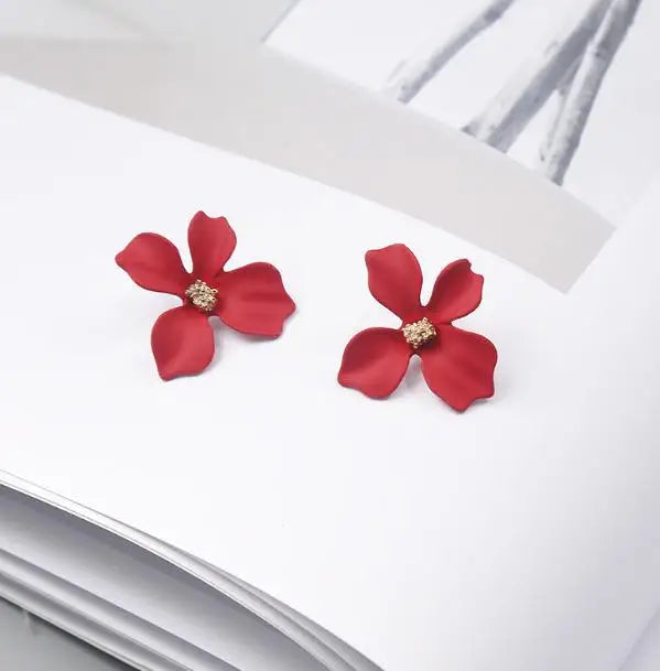 Aretes de Botón Flor de Cuatro Pétalos rojo