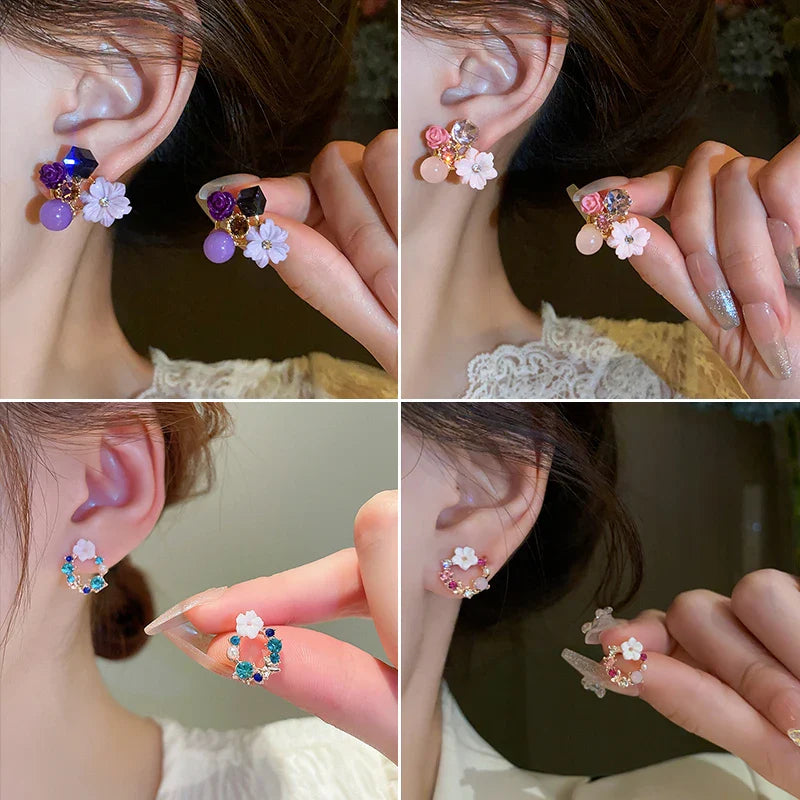 Aretes de botón con flores y perlas rosas 1