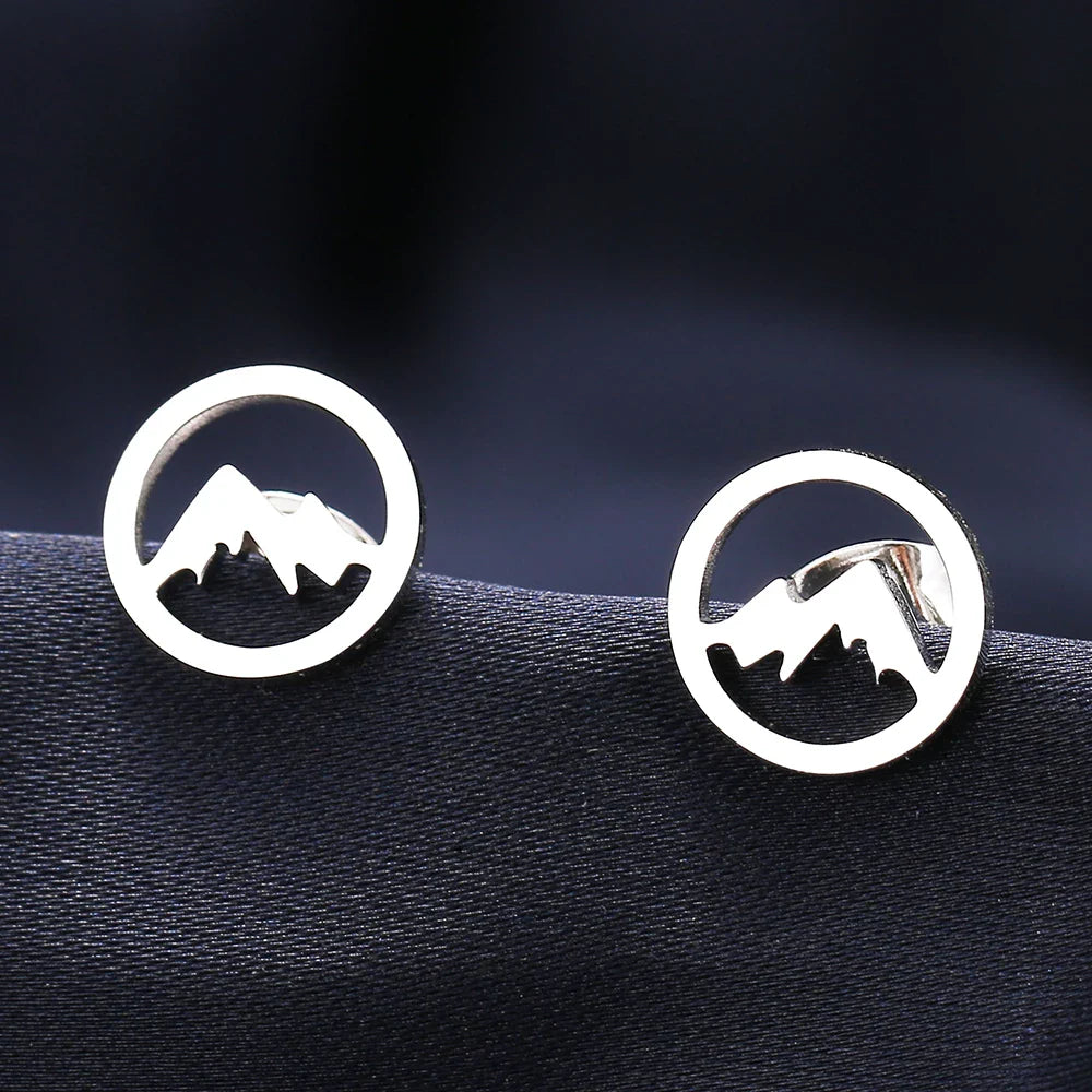 Aretes de Botón Redondos Montañas para Mujer u Hombre plata