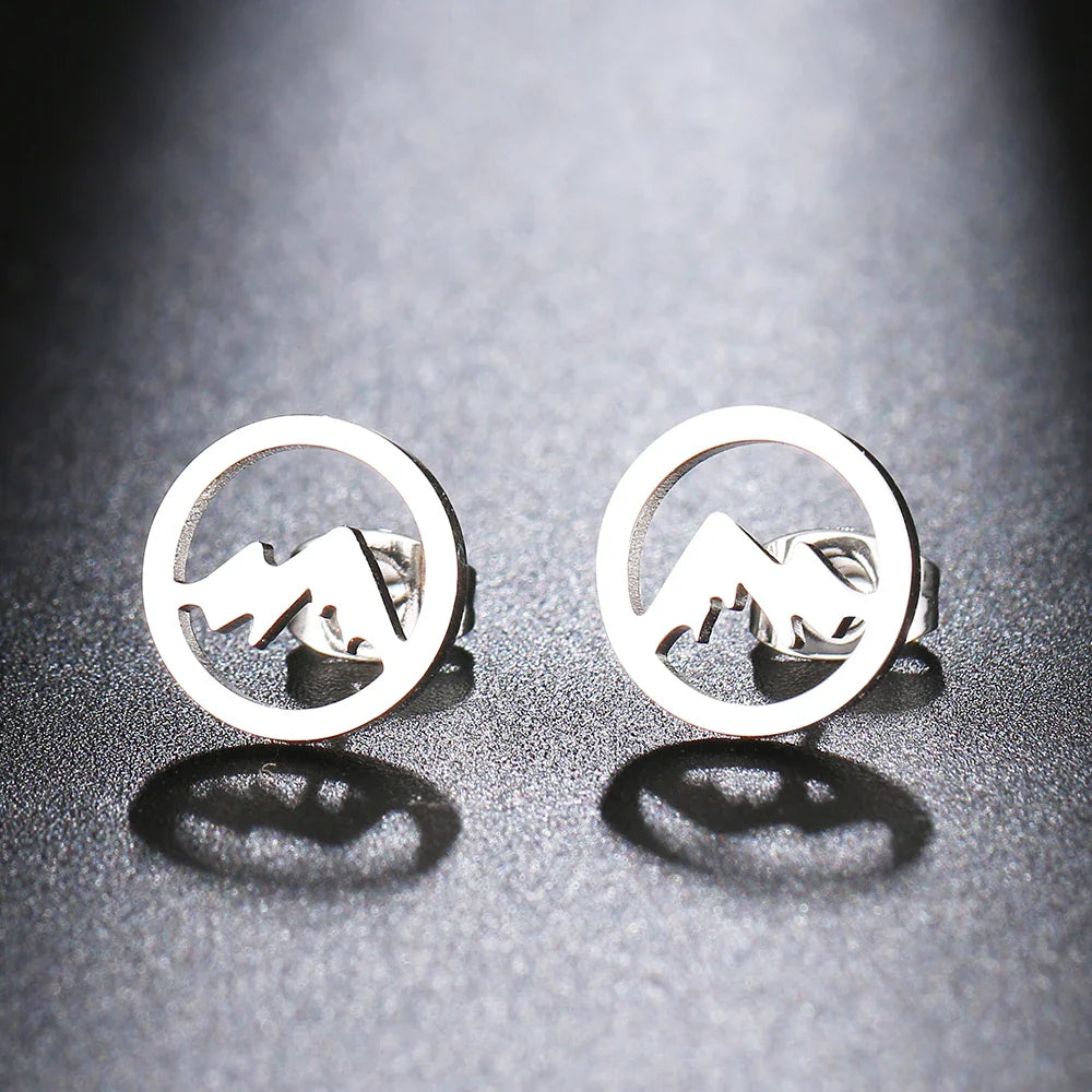 Aretes de Botón Redondos Montañas para Mujer u Hombre plata