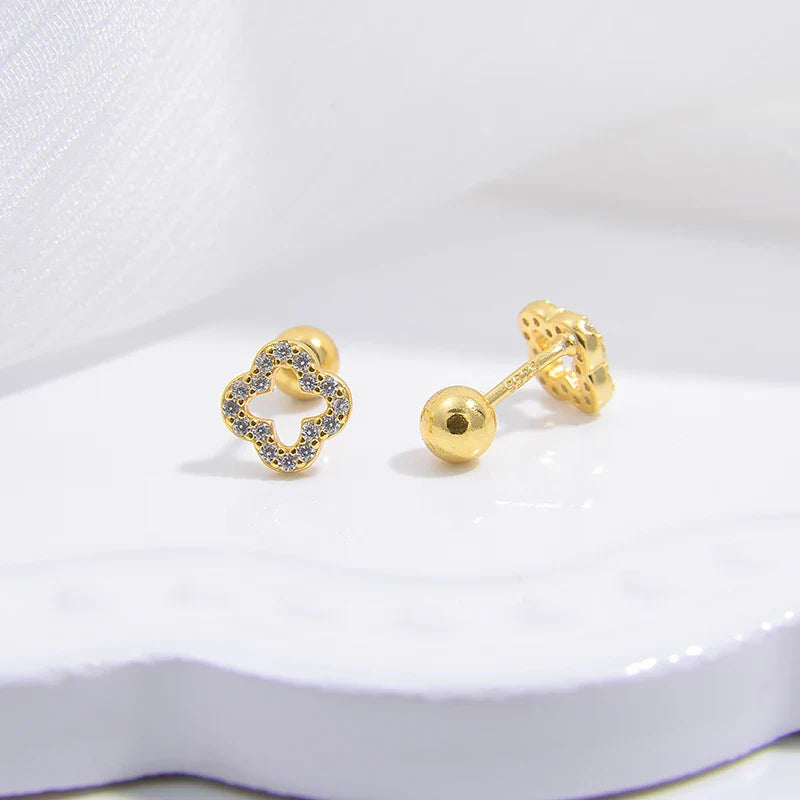 Aretes de Botón Trébol de 4 Hojas oro