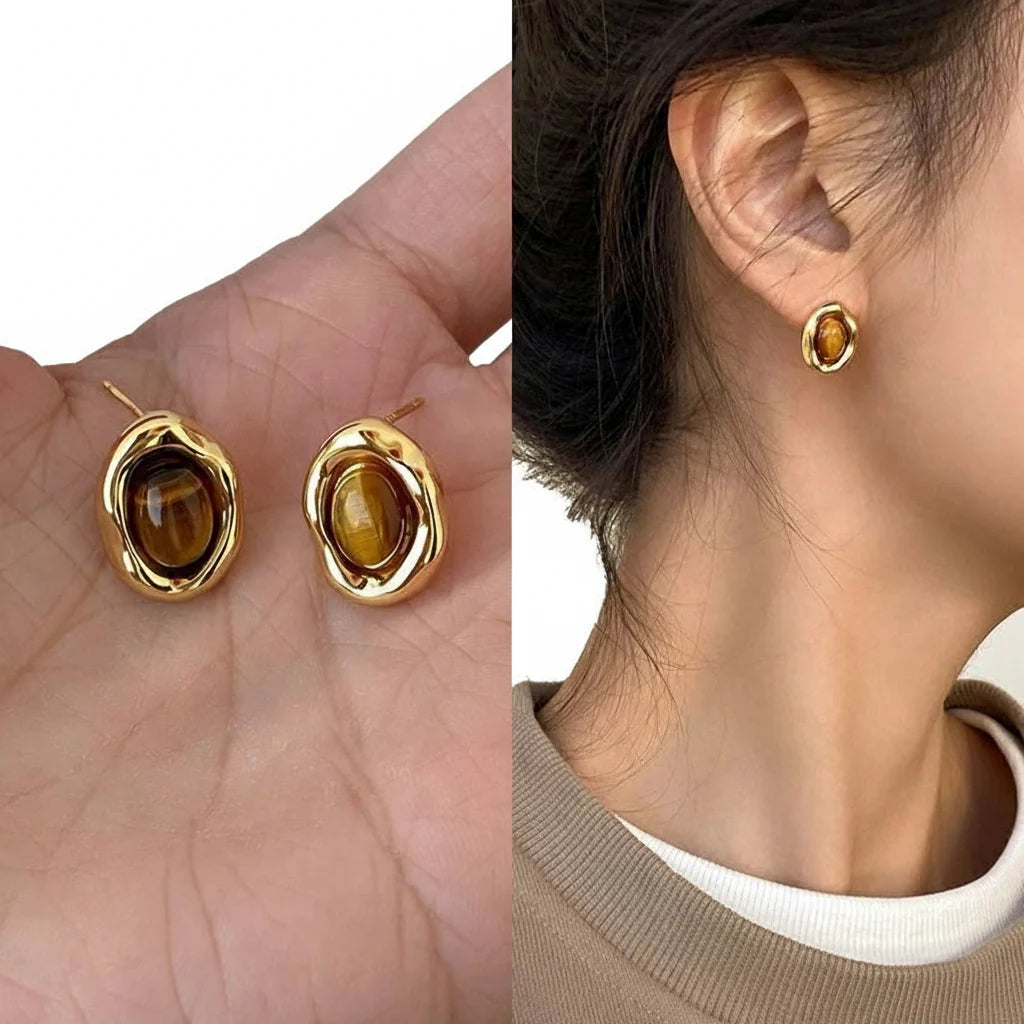 Aretes de Botón Ovalados Ojo de Tigre