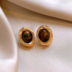Aretes de Botón Ovalados Ojo de Tigre