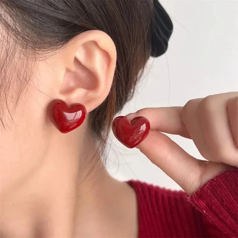 Aretes de Corazón con Perno para Mujer rojo