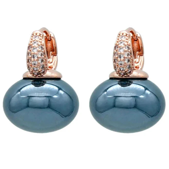 Aretes Aros con Perla Azul y Circonio oro y azul