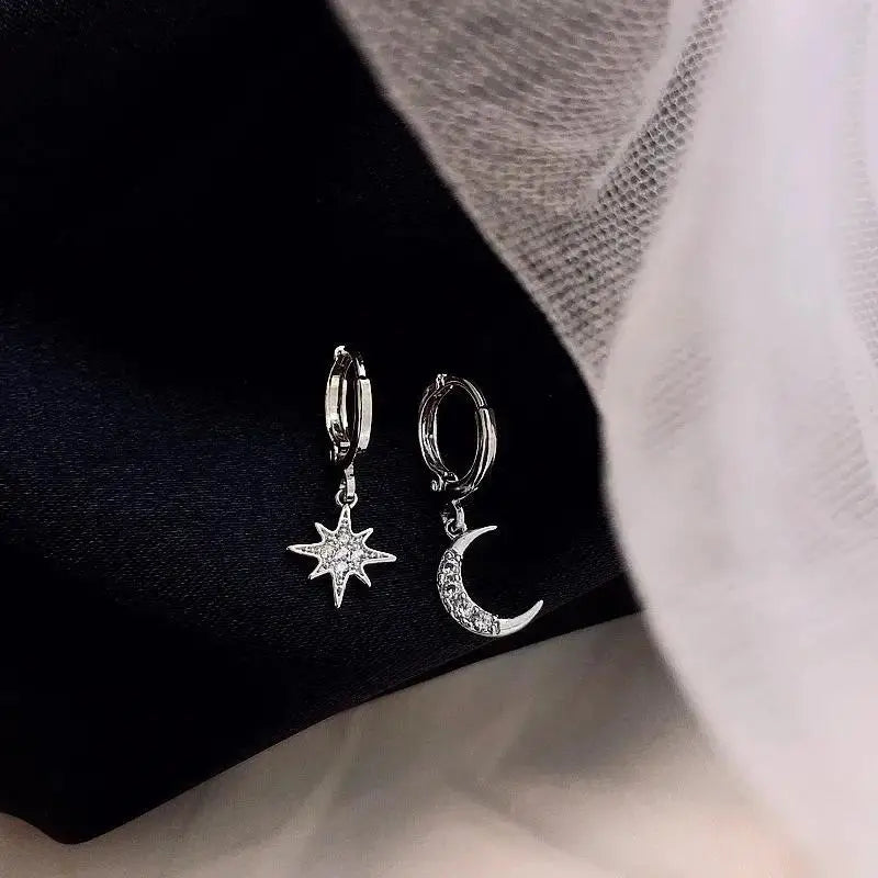Aretes Aros Estrella y Luna con Circonio en plata