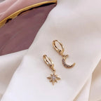 Aretes Aros Estrella y Luna con Circonio en oro