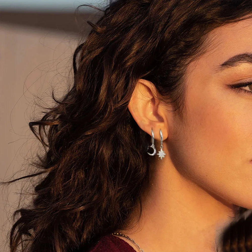 Aretes Aros Estrella y Luna con Circonio en plata