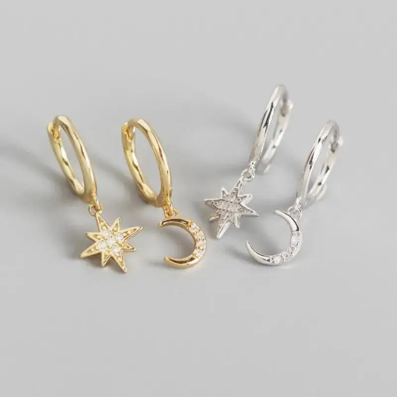 Aretes Aros Estrella y Luna con Circonio en oro