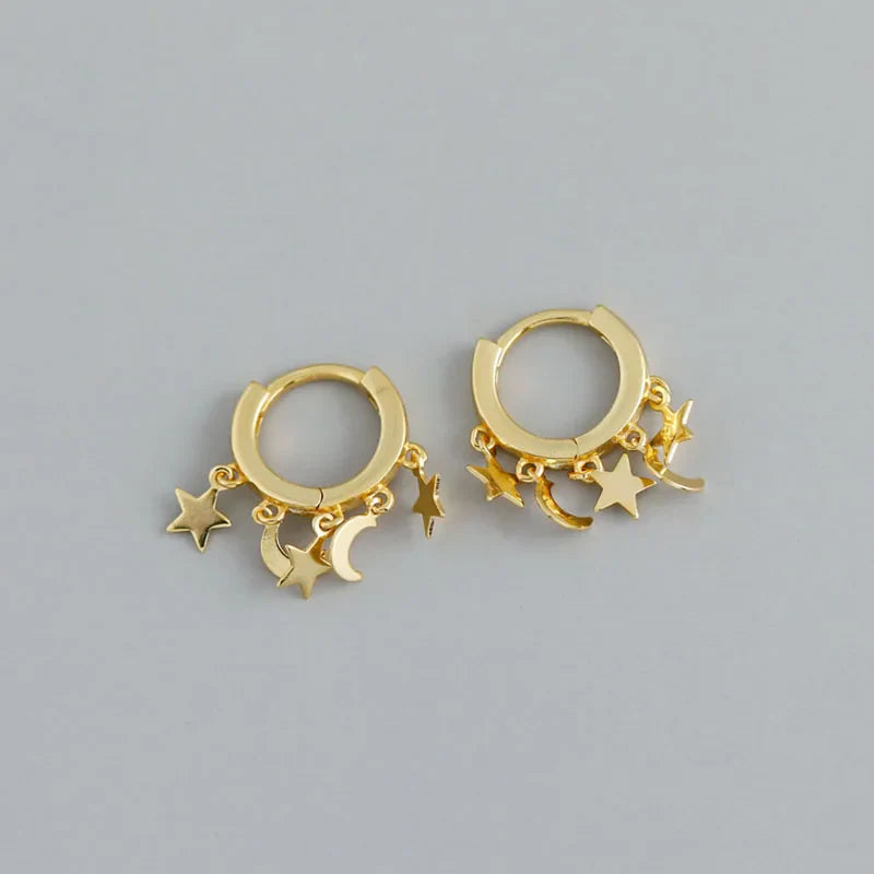 Aretes Aros Colgantes con Estrellas y Lunas en Oro