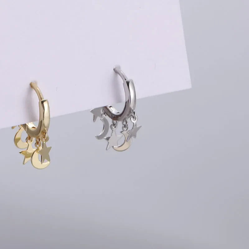 Aretes Aros Colgantes con Estrellas y Lunas en Plata