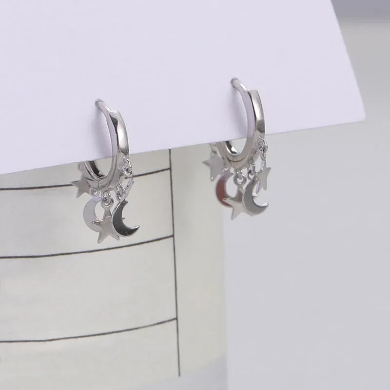 Aretes Aros Colgantes con Estrellas y Lunas en Plata