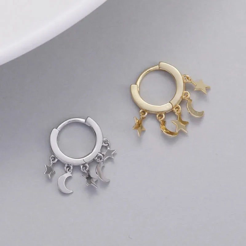 Aretes Aros Colgantes con Estrellas y Lunas en Plata