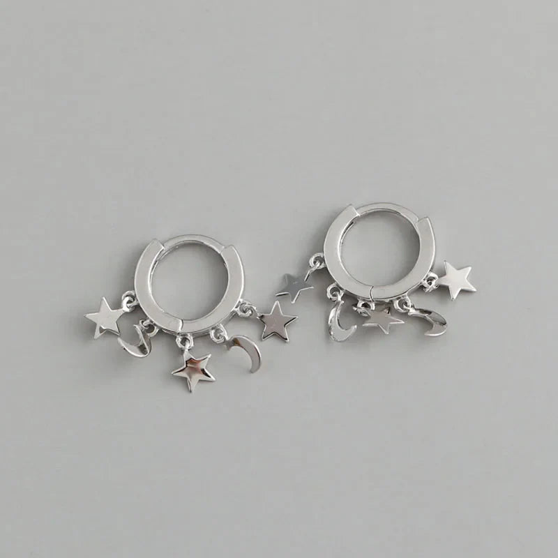 Aretes Aros Colgantes con Estrellas y Lunas en Plata