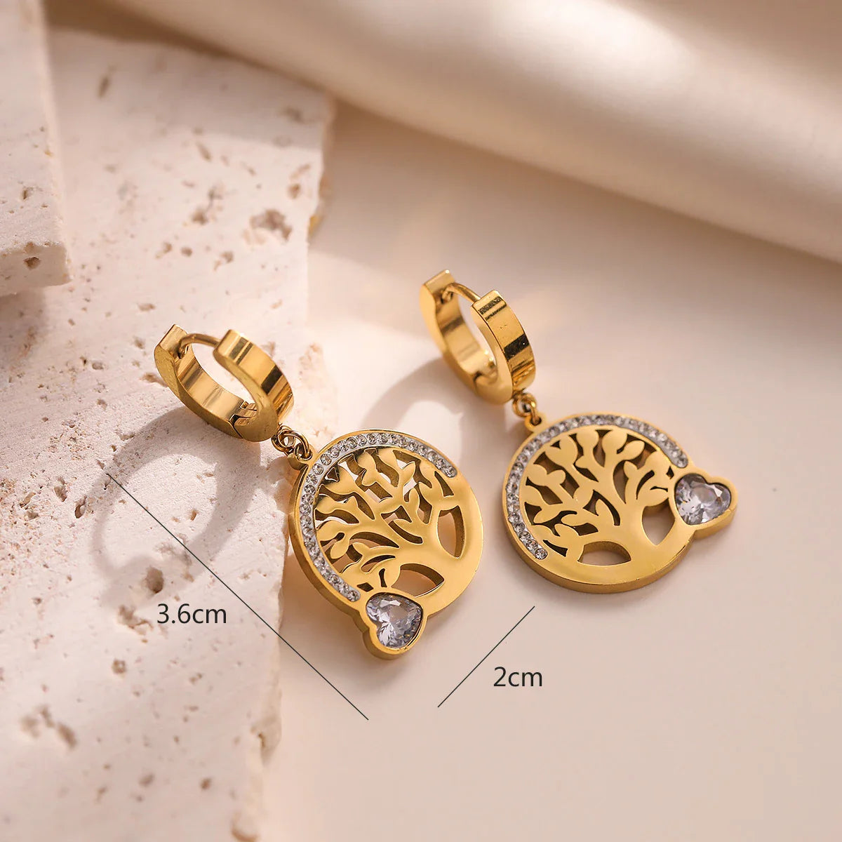 Aretes Colgantes de Aro Árbol de la Vida Corazón blanco
