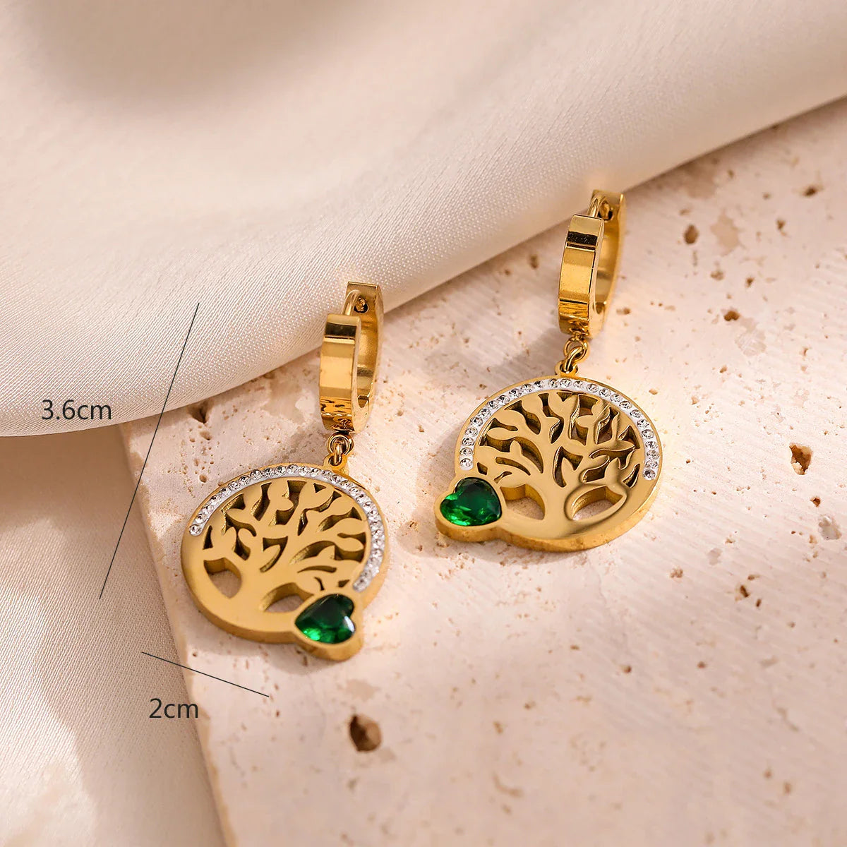 Aretes Colgantes de Aro Árbol de la Vida Corazón verde
