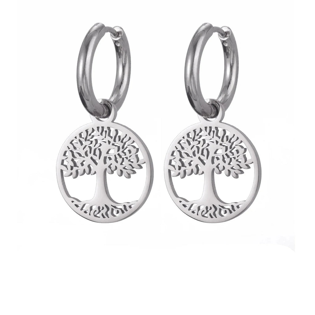 Aretes Colgantes de Aro Árbol de la Vida para Mujer en plata