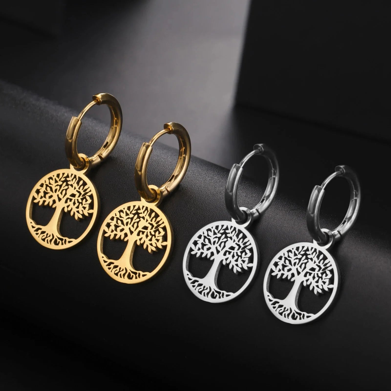 Aretes Colgantes de Aro Árbol de la Vida para Mujer en plata