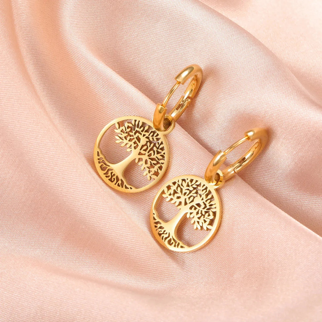 Aretes Colgantes de Aro Árbol de la Vida para Mujer en oro