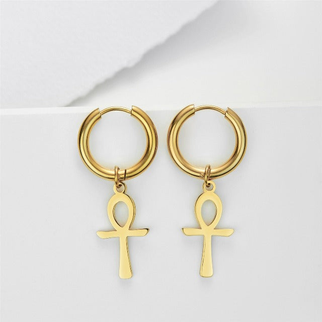 Aretes Egipcios Cruz Ankh para Mujer en Oro