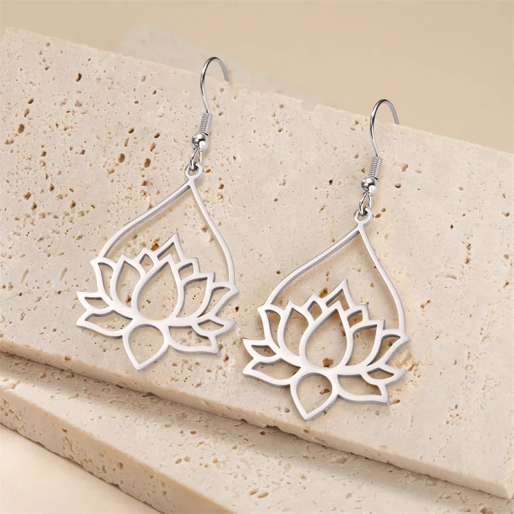 Aretes Colgantes de Mujer Flor de Loto en plata