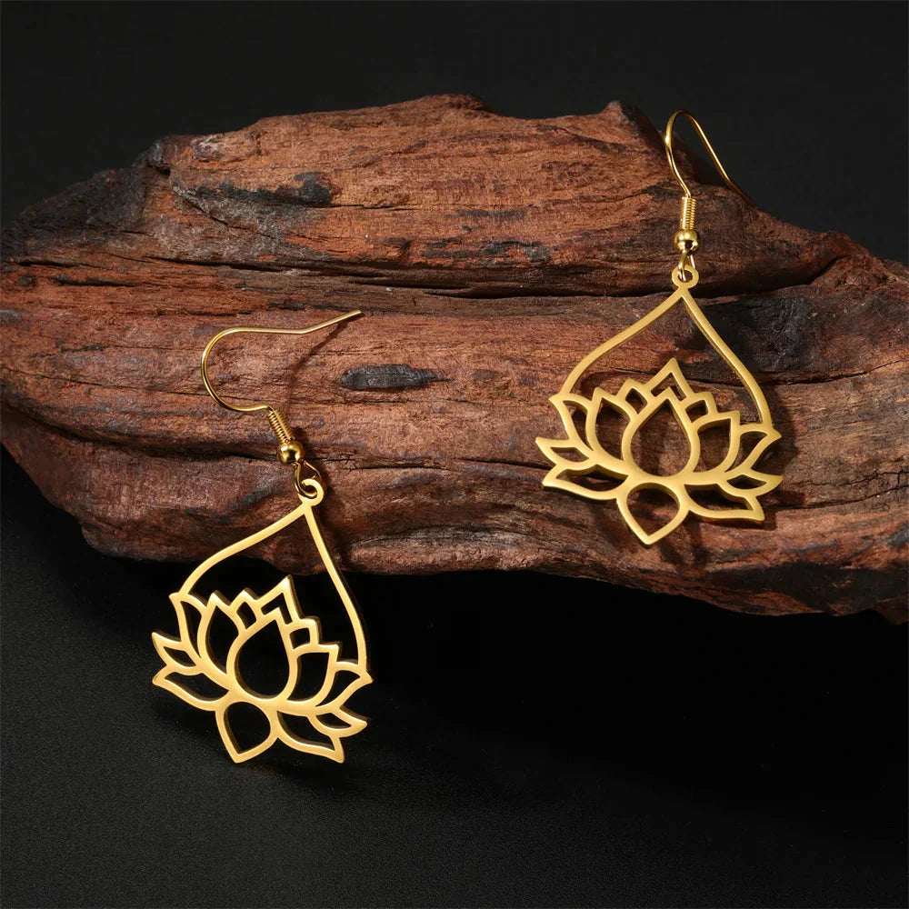 Aretes Colgantes de Mujer Flor de Loto en oro