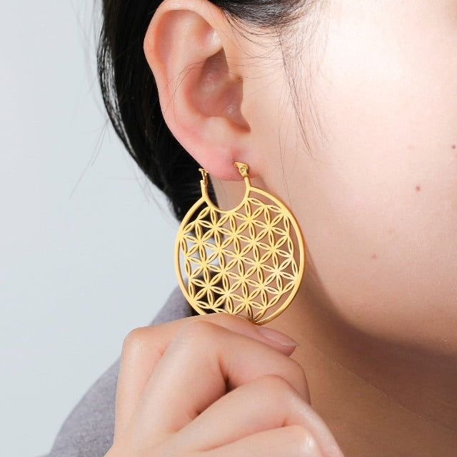 Aretes Flor de la Vida Mandala Dawapara para Mujer oro