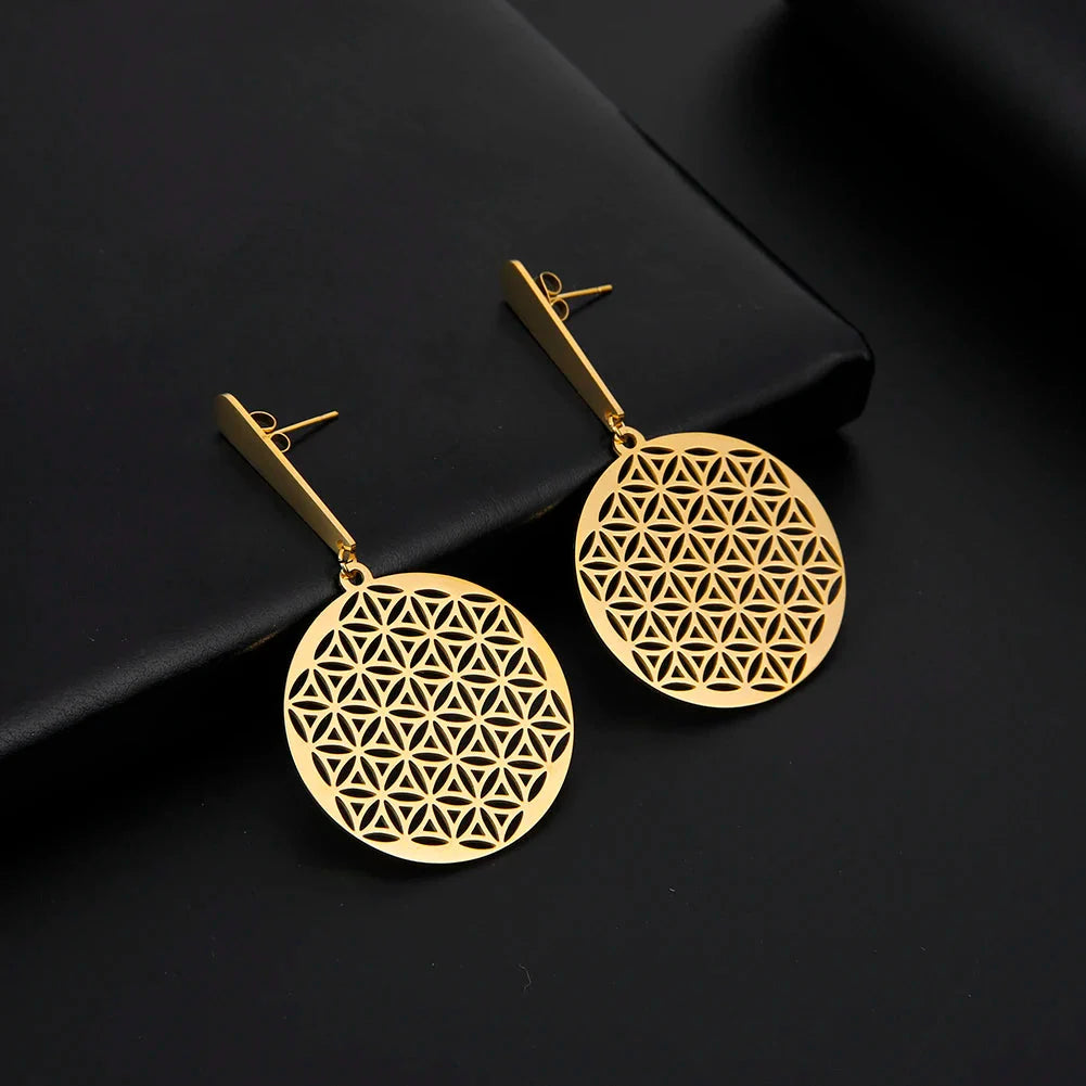 Aretes Colgantes Flor de la Vida para Mujer Mandala oro
