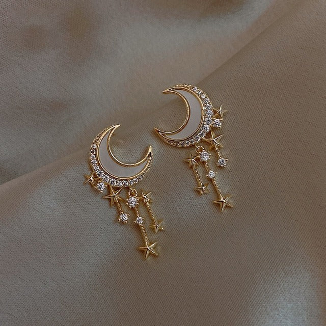 Aretes Luna y Estrellas Oro & Diamantes