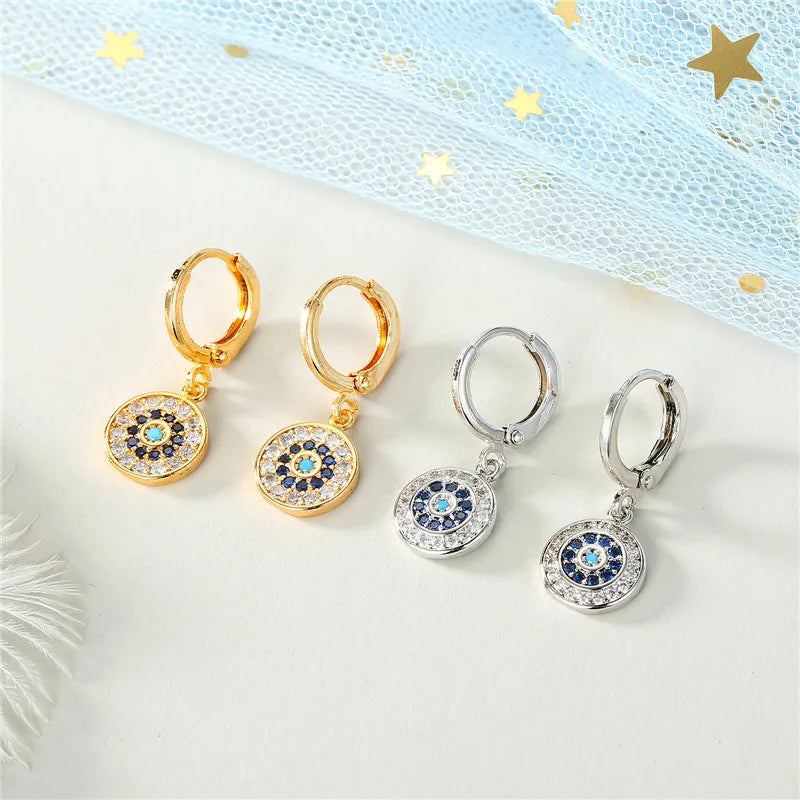 Aretes Ojo Turco Azul con Strass Redondos