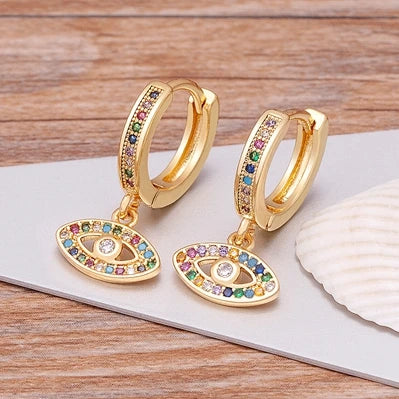 Aretes Ojo Maligno Azul con Circonia Multicolor Estilo Bohemio