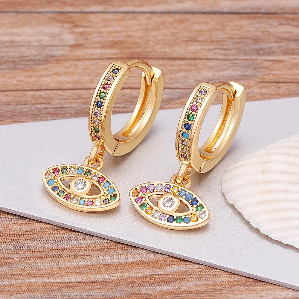 Aretes Ojo Maligno Azul con Circonia Multicolor Estilo Bohemio