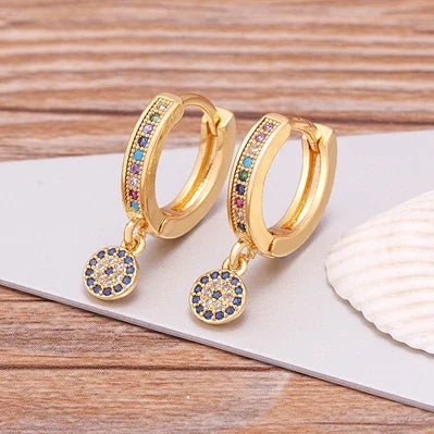 Aretes Ojo Turco Azul con Circonia Estilo Bohemio Redondos