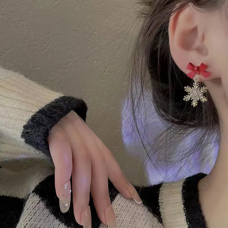 Aretes de Lazo Copo de Nieve Invierno para Mujer rojo