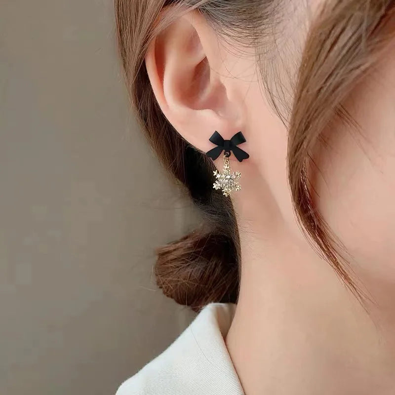 Aretes de Lazo Copo de Nieve Invierno para Mujer negro