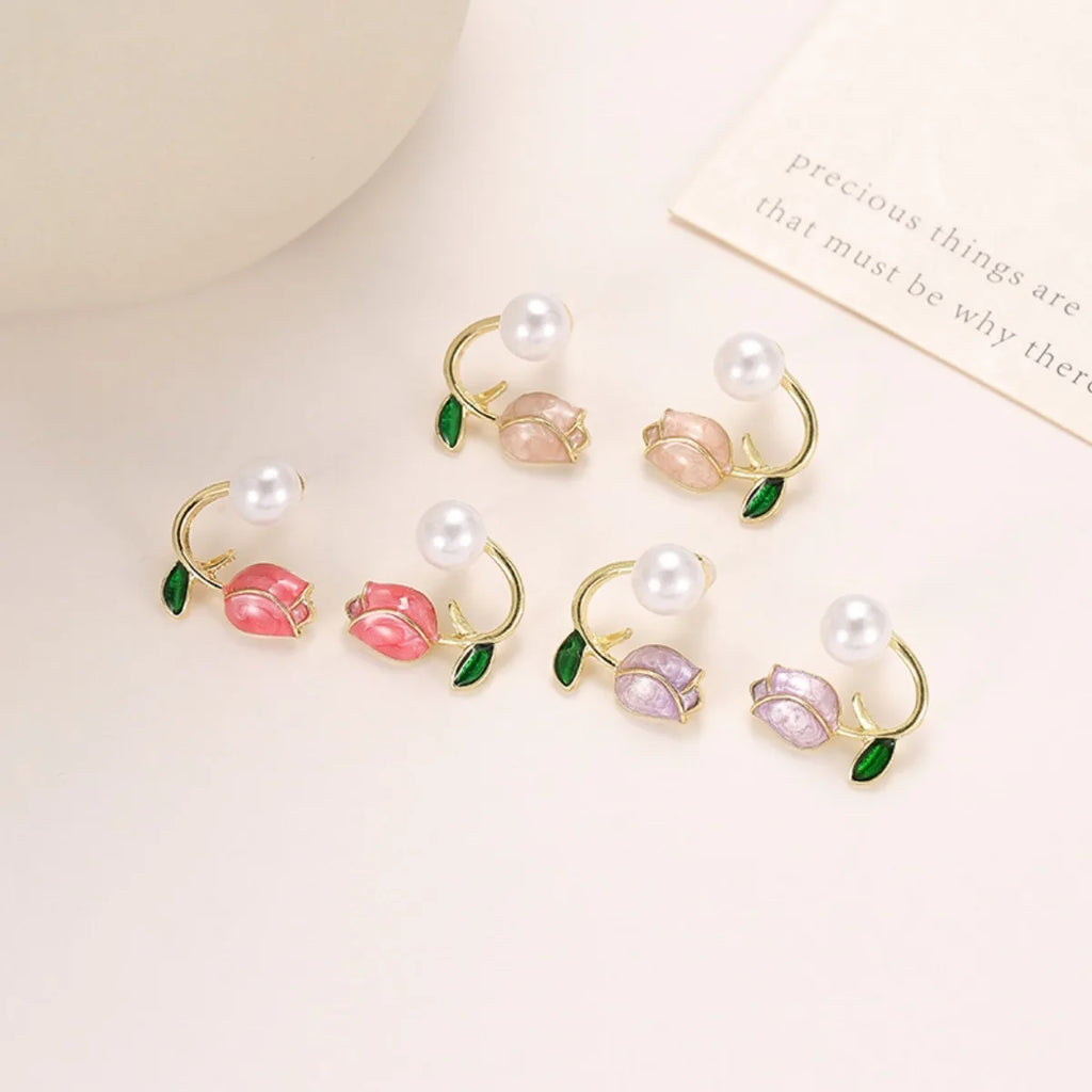 Pendientes colgantes Flor de Tulipán y Perla violeta