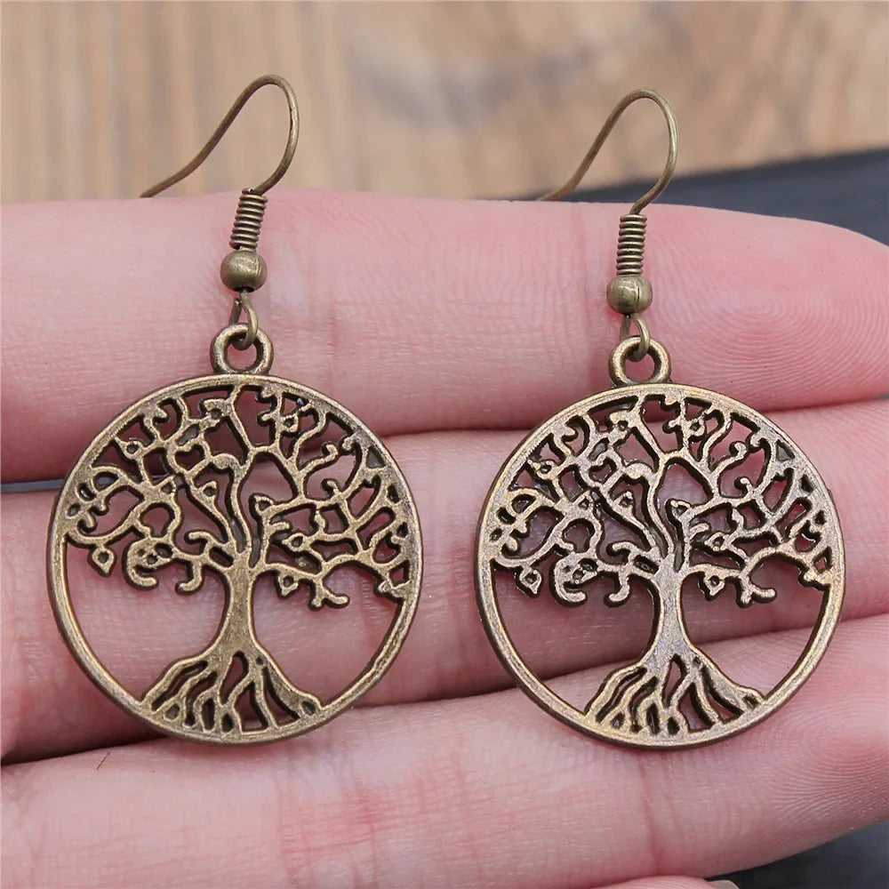 Aretes Colgantes Árbol de la Vida en bronce antiguo