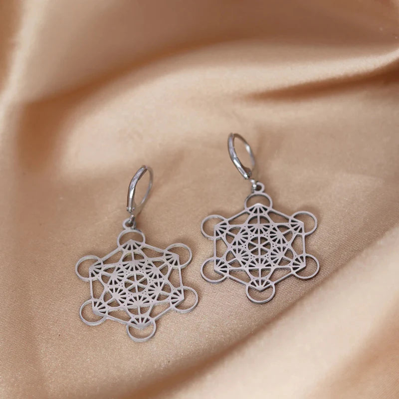 Aretes Colgantes Plateados Cubo de Metatrón