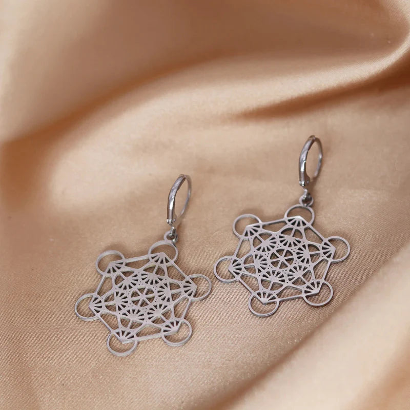Aretes Colgantes Plateados Cubo de Metatrón
